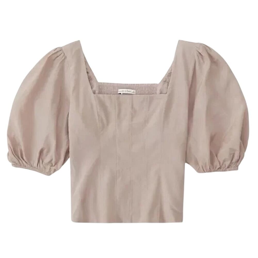 Abercrombie & Fitch Puff Sleeve Shine Cotton Square Neck Top Beige Small Smocked